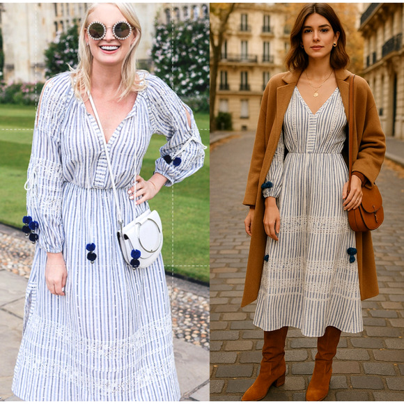 Anthropologie M LOVESHACKFANCY Striped Isla Midi Dress Long Sleeve White Blue - Picture 1 of 10